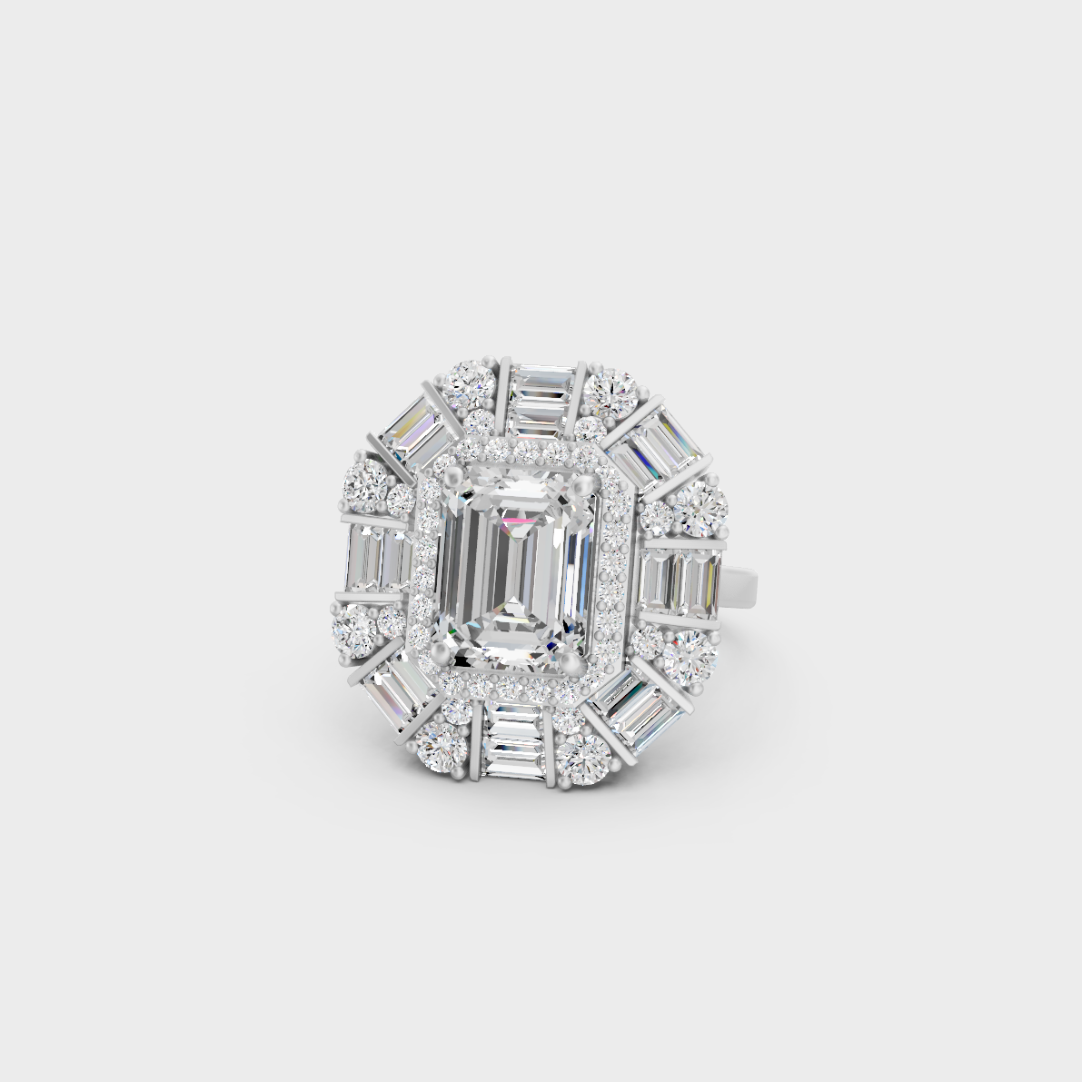 Breathtaking brilliance of a 4.48 Carat Emerald, Round, and Baguette Cut Lab-Grown Diamond Cocktail Ring in solid 950 Platinum.